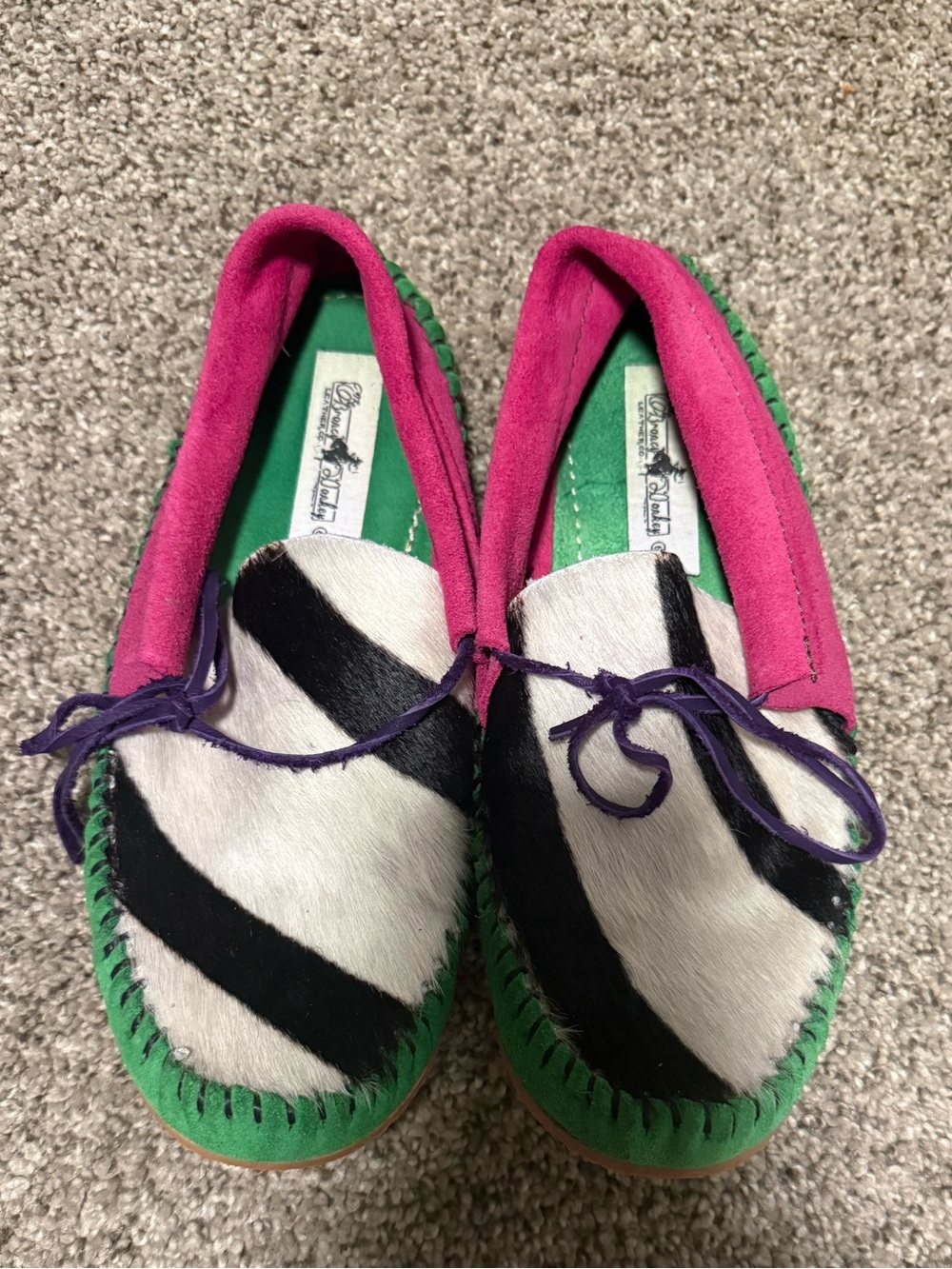 Women's Zebra-Print Moccasins in Pink and Green -